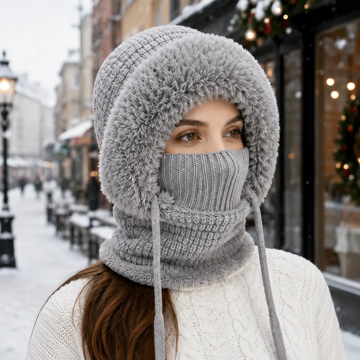 Womens Winter Balaclava Hat Fuzzy Trim Knit Hood Neck Warmer Windproof Face Cover