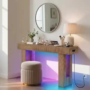 63" Farmhouse Console Table, Entryway Table Narrow Sofa Table Behind Couch with 6 Colors LED Lights & Charging Station, Wooden Accent Furniture for Foyer Hallway Living Room Natural Oak