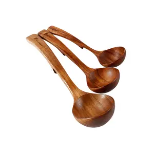 Teak Wood Ladle Set - 3 Sizes with Back Hooks for Soup, Cooking, Serving & Stir