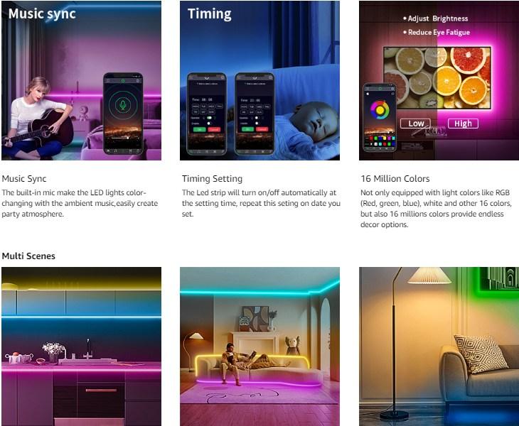 200FT 100FT 50FT Smart Led Strip Lights RGB Color Changing Time Setting Music Sync Strip Lights with both App and Remote Control for Bedroom Indoor Lighting, for Christmas Gifts