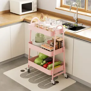 Heavy-Duty Metal Rolling Cart with Locking Wheels, 3 Tier Storage Cart for Kitchen, Bathroom, Living Room, Office, Multifunctional Storage Cart, Pink
