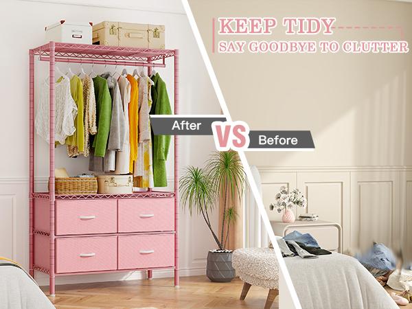 Raybee 3 in 1 Clothes Rack with 4 Drawers, 445LBS Heavy Duty Clothing Rack Closet Rack, Garment Racks for Hanging Clothes Heavy Duty Clothes Rack DIY Portable Adjustable Storage Rack for Apartment, Bedroom, Laundry Room