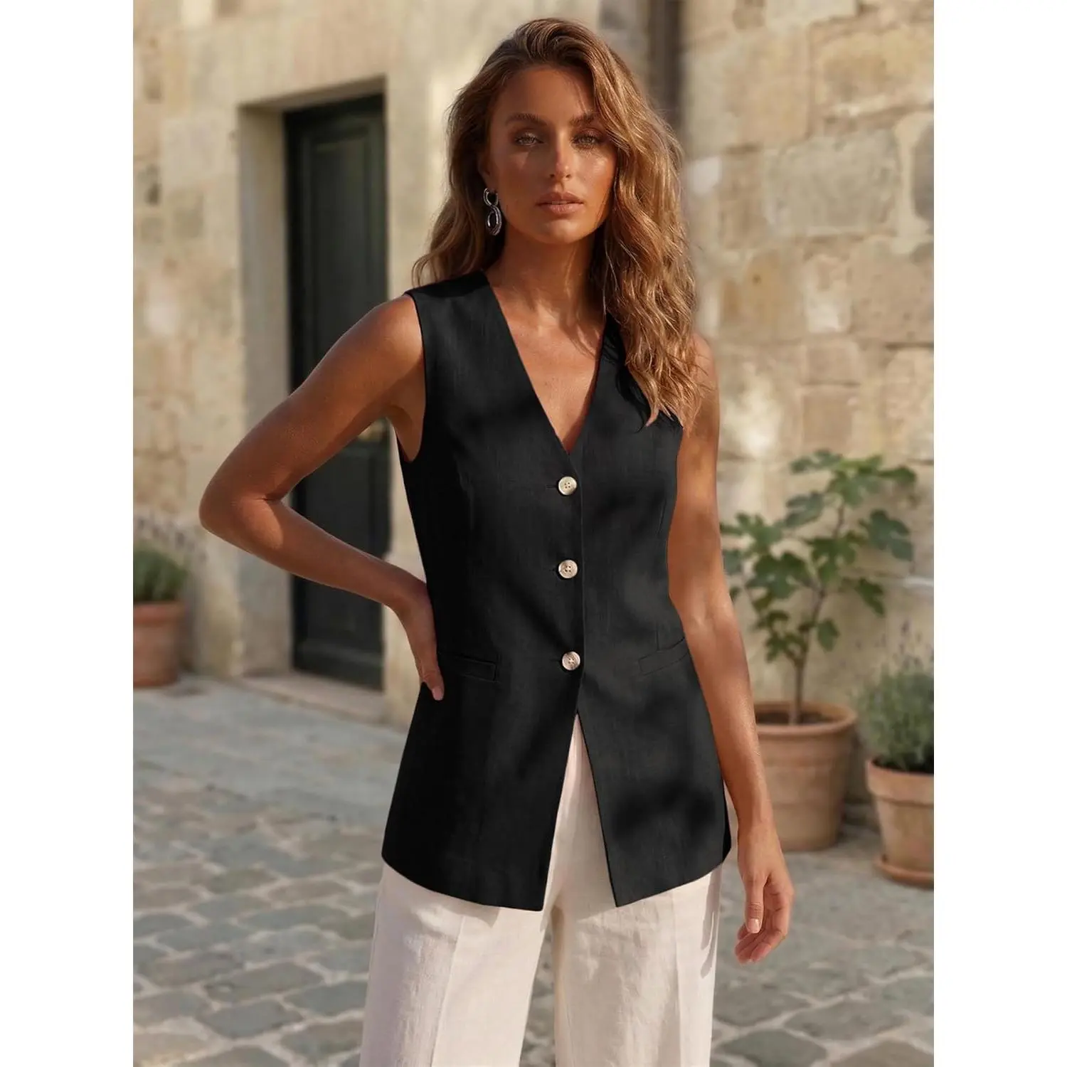 MINA SELF Women's 2026 Summer Linen V-Neck Sleeveless Fully-Lined Minimalist Fitted Vest Top - Breathable, Lightweight Workwear, Extra Long, Deep Front Pockets, Open Front, Hand Wash Only, Flat Dry, Office Uniforms, Interview Wear