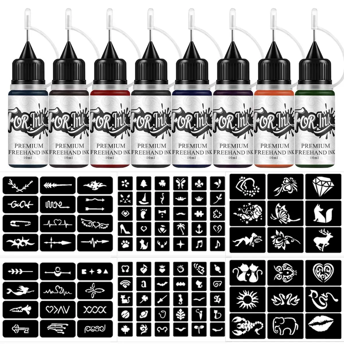 DIY Temporary Tattoo Kit, Tattoo Lovers Kit, 8 Bottles Tattoo Ink & 102pcs Stencils, Tattoo Inks Set, Body Paint Fake Tattoos for Men & Women, Unique Gift, Tattoo Supplies