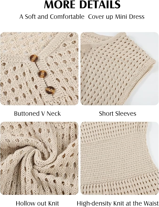 Swimsuit Cover Up for Women Crochet Short Sleeve Bathing Suit V Neck Summer Dresses mesh Beach Vacation Coverups
