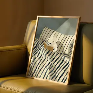 Dog Reading Wall Art Print – Cozy Dog in Bed Illustration, Striped Blanket Book Lover Poster, Whimsical Bedroom Decor