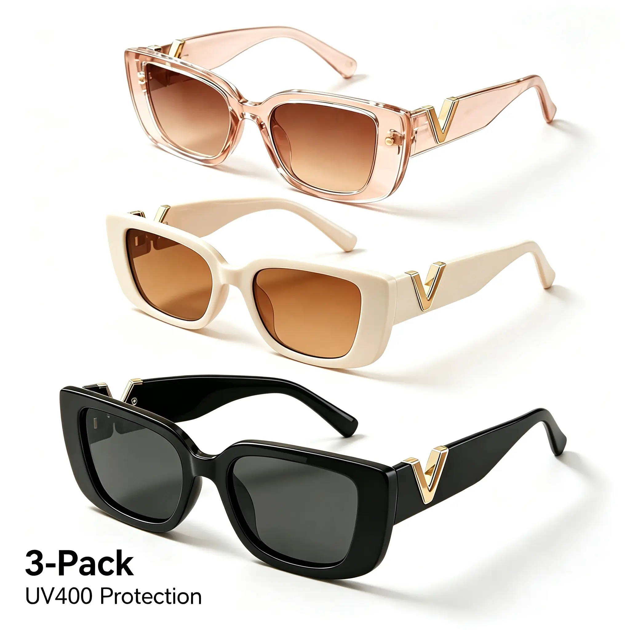 3-Pack Unisex Chunky Frame V-Logo Sunglasses, UV400 Lens Protection, Men's Casual Square Vintage Shades for Daily Wear, Men's Sunglasses