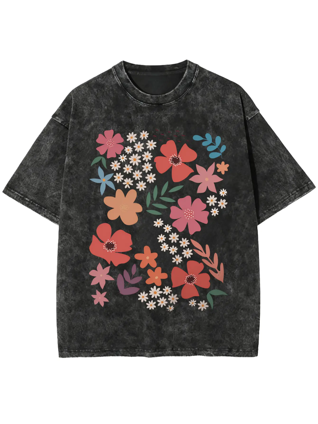2026 popular pure cotton washed T-shirt women's floral T-shirt summer casual round neck short-sleeved top Fasahion flower women's clothing casual women's clothing