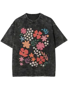 2026 popular pure cotton washed T-shirt women's floral T-shirt summer casual round neck short-sleeved top Fasahion flower women's clothing casual women's clothing