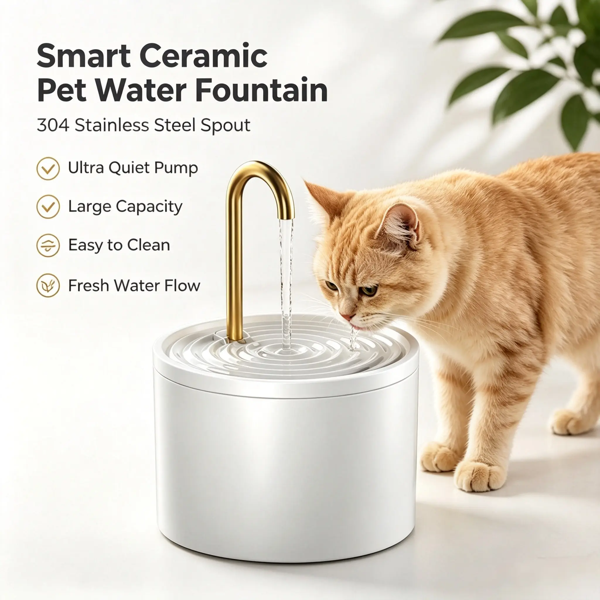 Smart Ceramic Pet Water Fountain with 304 Stainless Steel Spout, 1.2L Large Capacity, Ultra Quiet Pump, Easy to Clean, Fresh Water Flow