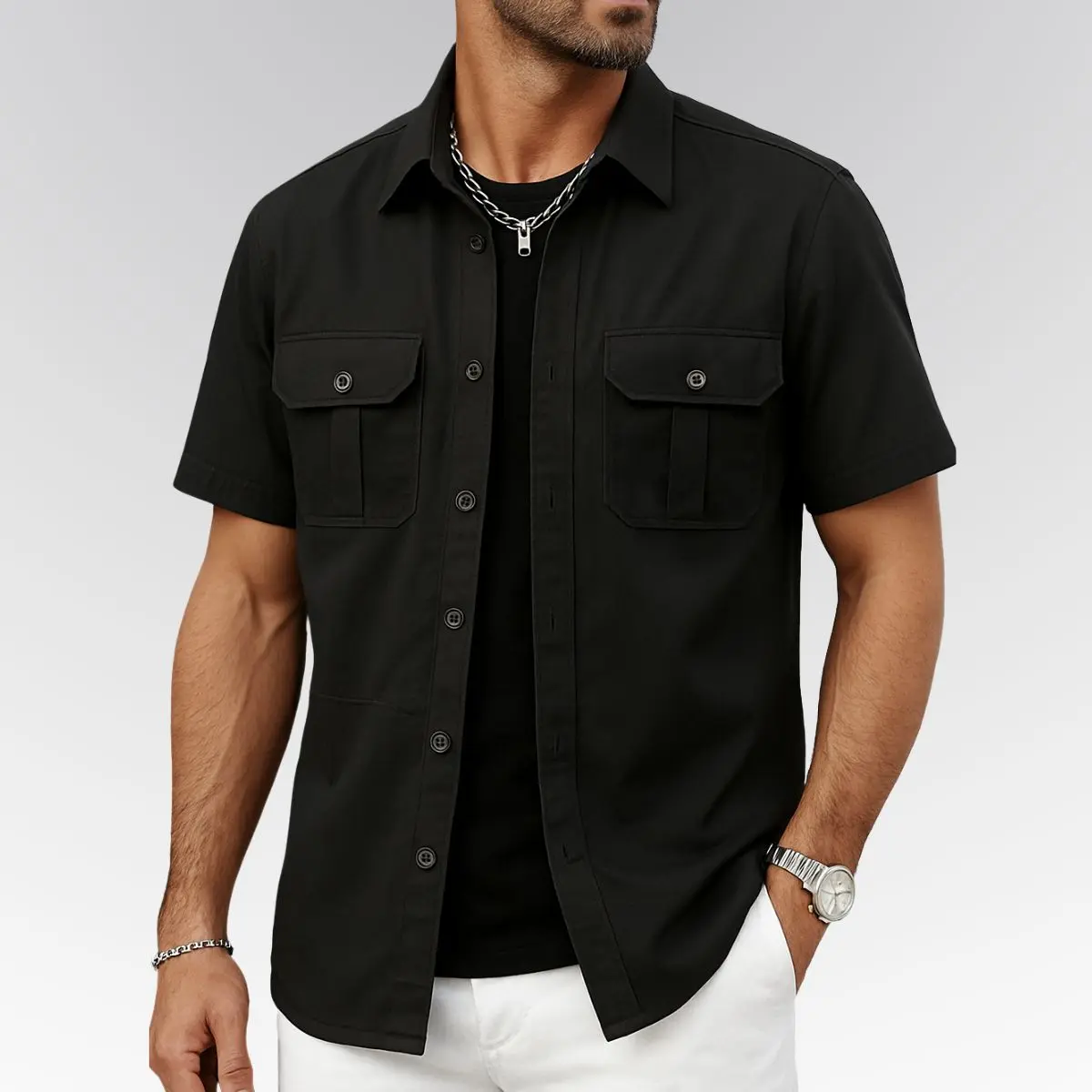 Men's Plain Short-Sleeve Casual Workwear Button-Up Shirt, Practical Menswear for Summer Outdoors and Hiking, Shortsleeve, Button Down Shirts, Top, Casual Shirts
