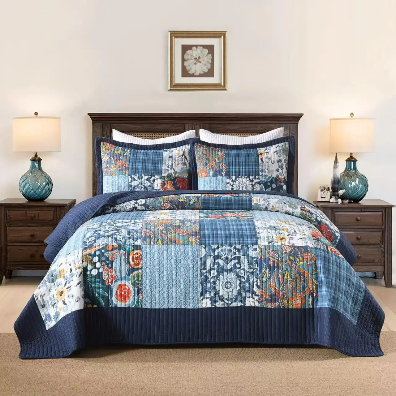 Cotton Bedspread Quilt Sets Reversible Bedding Coverlet Sets, Luxury Vintage Paisley Floral Patchwork Blue Bedspread, King Size | Breathable material, Reversible, Handmade patchwork, soft durable, Jacquard stitching, Machine waschable