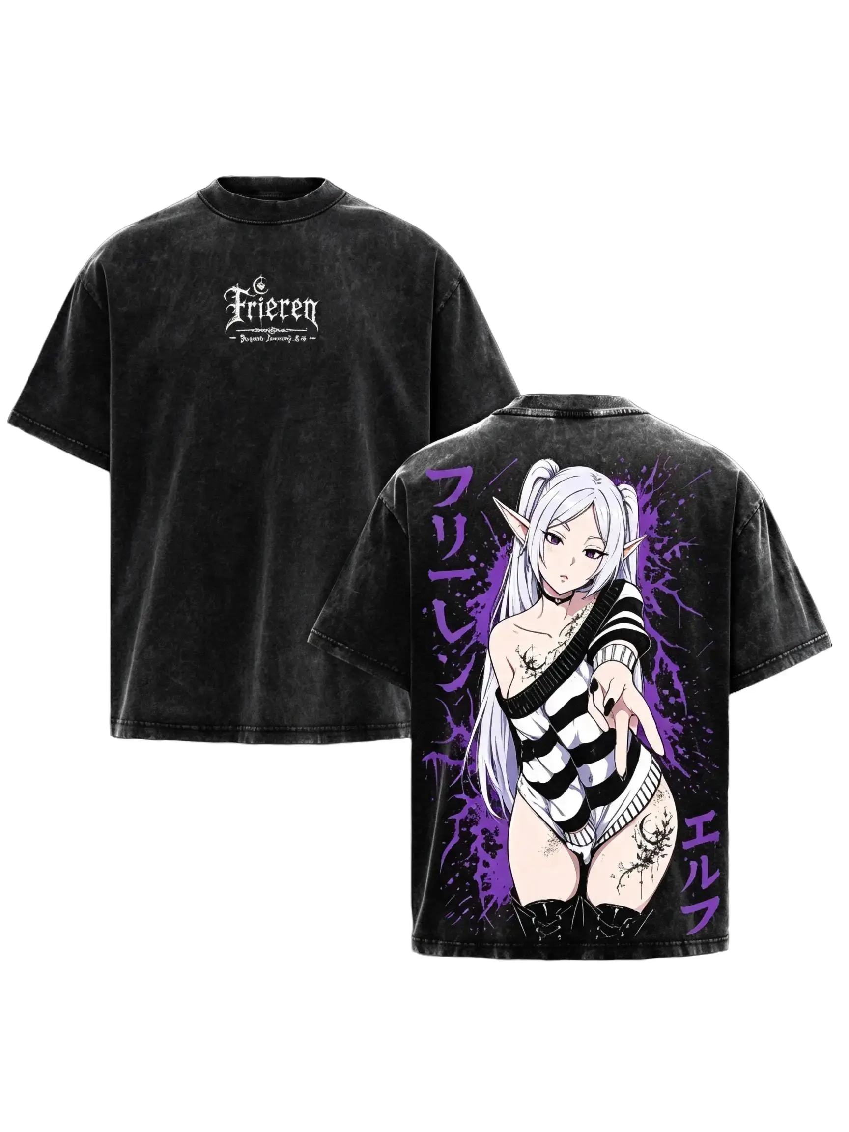 Vintage Washed Frieren Anime T Shirt Men Oversized Streetwear Tee Black Acid Wash Graphic Shirt Elf Girl Anime Print Short Sleeve Top Y2K Harajuku Fashion Casual Loose Fit Tee Trendy Summer Outfit