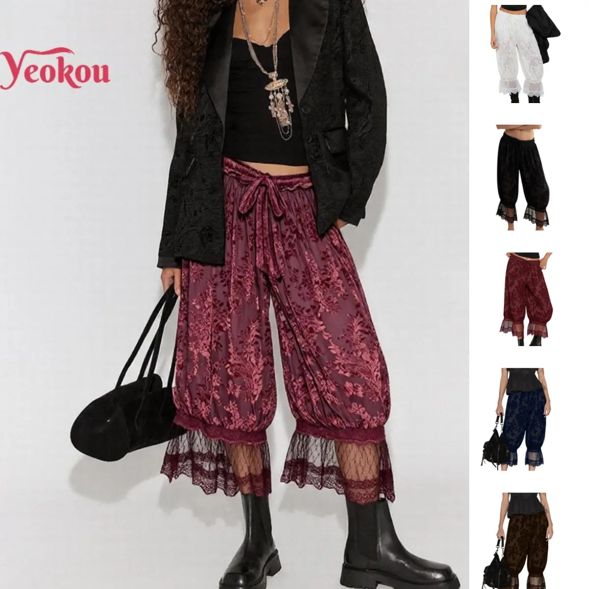 Yeokou Women's Vintage Lace-Trimmed Bloomers - Bohemian Cropped Wide-Leg Pantaloons, Polyester-Nylon Women's Bottoms Pants,summerwins