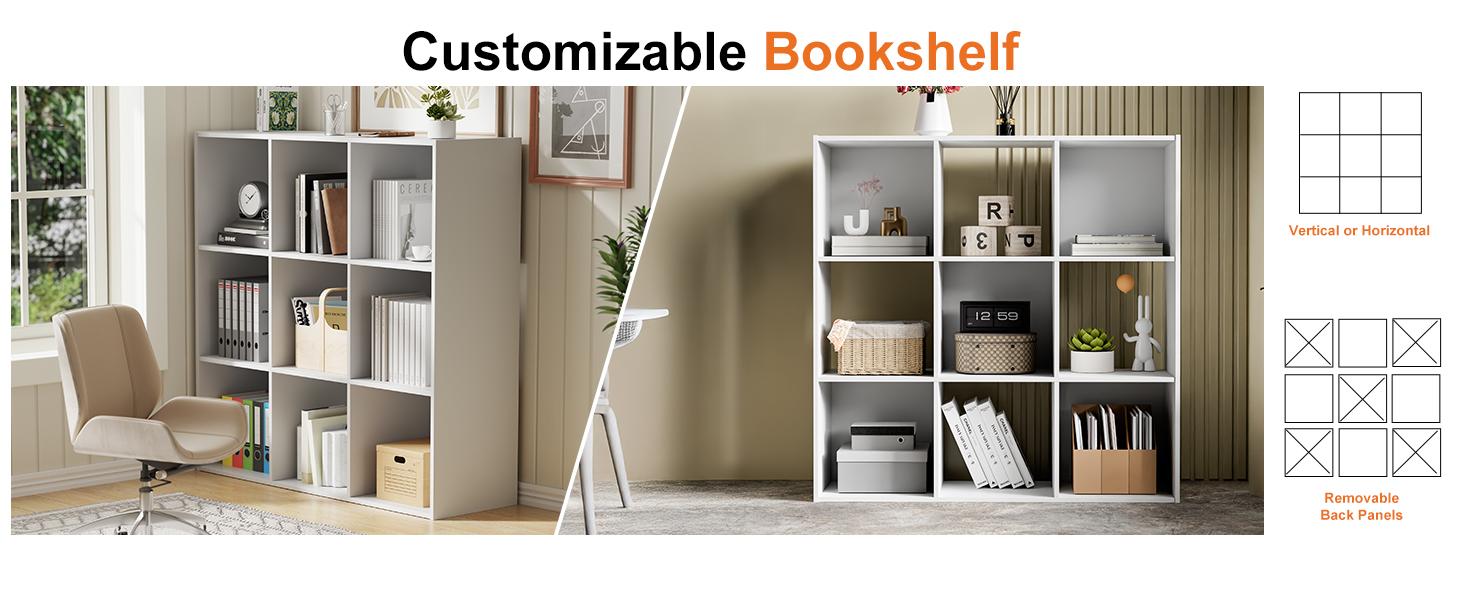 New 9-Compartment Storage Organizer Shelves - Bookshelf Accessory, Display Stand, Living Room Decoration with Removable Back Panel