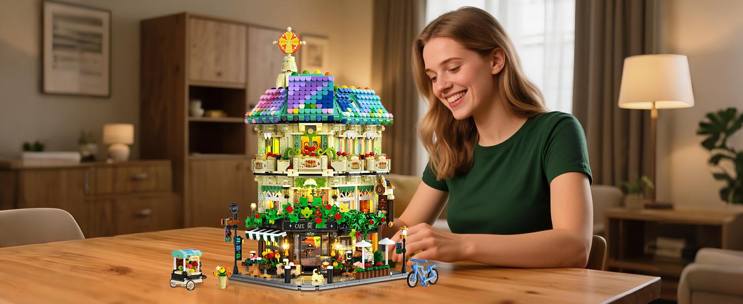 Flower Cafe House Building Set with Lights, 1876 PCS City Street Corner Shop Construction Model, Art Architecture Modular Building Block Kit Home Decor, Gift for Adults Teens Boys Girls 12+