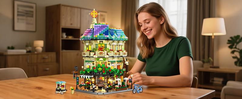 Flower Cafe House Building Set with Lights, 1876 PCS City Street Corner Shop Construction Model, Art Architecture Modular Building Block Kit Home Decor, Gift for Adults Teens Boys Girls 12+