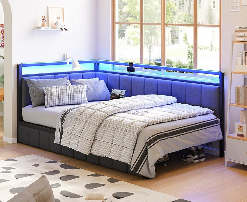 Sikaic LED Daybed with Line Fabric Upholstered Fence and Charging Station Gray Modern Corner Bed Frame with Storage Drawers Kids Bed Unit with LED Light