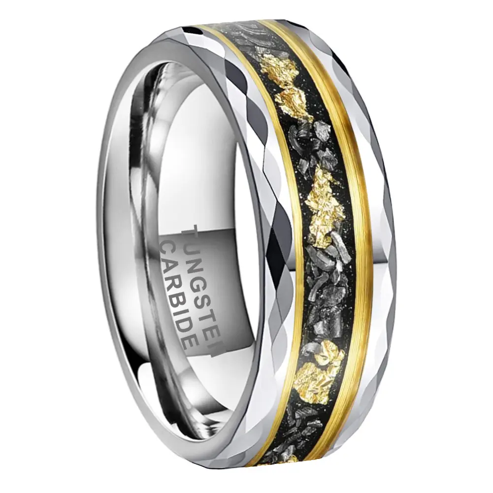 Yonifu Men's 8mm Tungsten Ring with Gold Meteorite Inlay - Scratch-Resistant Comfort Fit Wedding Band for Him