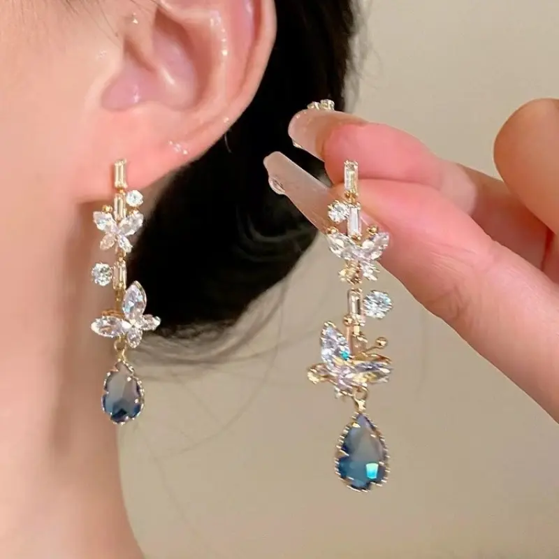 SocoBlue water drop butterfly earrings, ultra-fairy and high-end, full of diamonds, long drop earrings DDES0557, elegant and light luxury earrings, 14K gold-plated