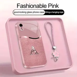 Luxury Pink Phone Case with Lanyard Initial Letter A-Z Cover for iPhone XR --975