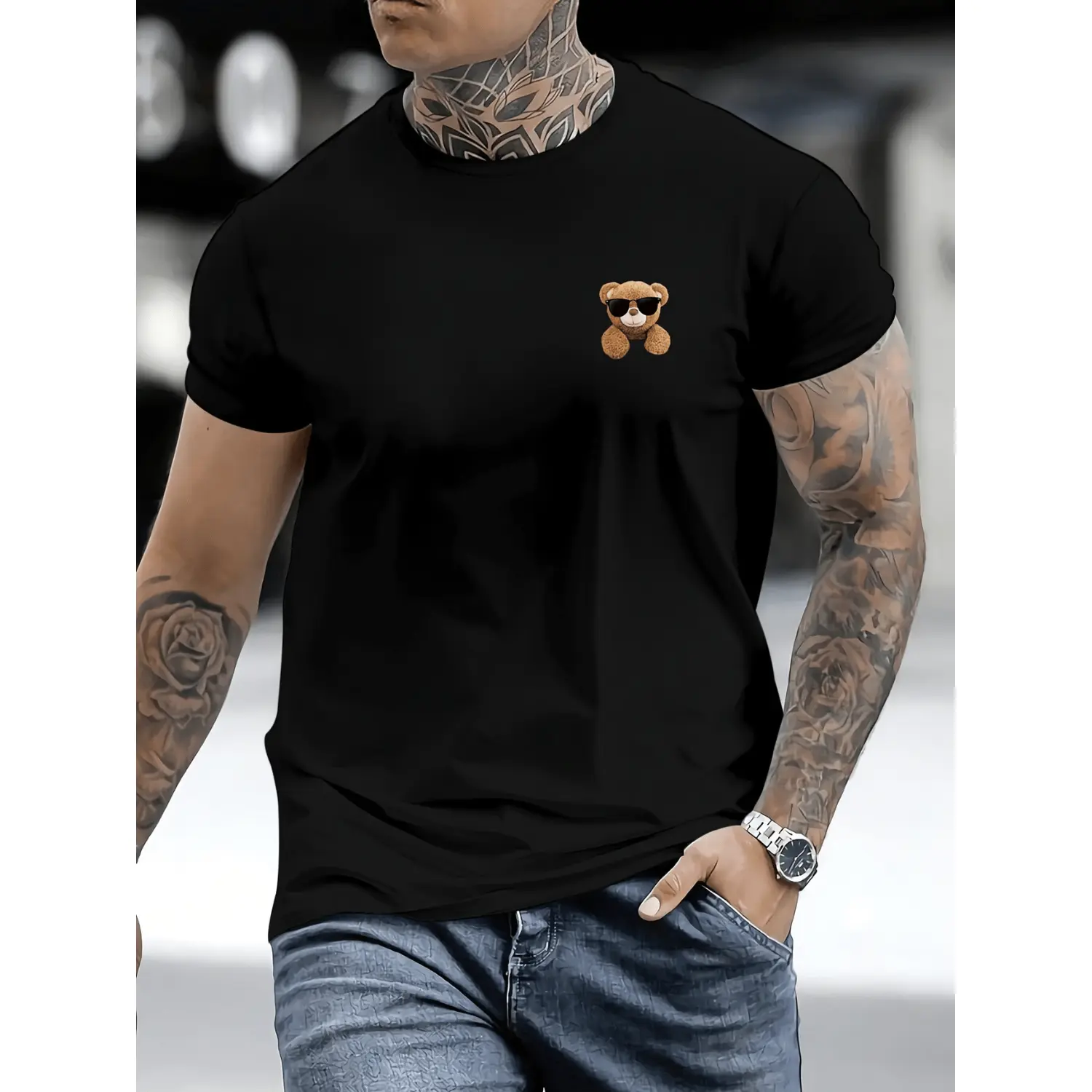 Teddy Bear Print T Shirt For Men Stretch Round Neck Summer Tee In Black