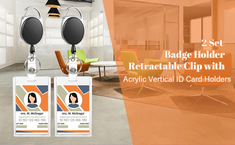 [New Deal] 2 Set Badge Holder Retractable Clip Heavy Duty Reels with Acrylic Clear Vertical ID Card Badge Holders for Work Office Removable Cardholder Hard Plastic