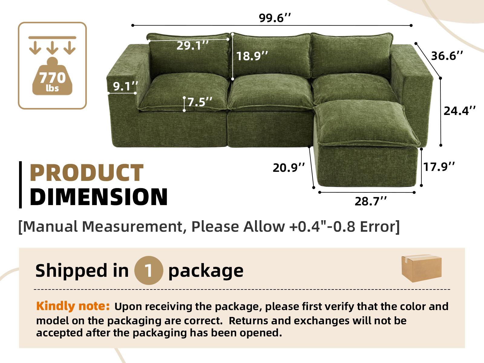 UDPATIO Boneless Sectional Couch with Chaise, Chenille Modular Boneless Sofa Big Comfy Couch with Removable Washable Cover couches for living room, Bedroom No Assembly SpringBreak