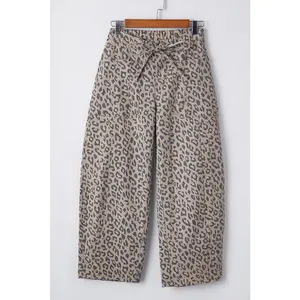 Khaki Leopard Printed Drawstring Elastic Waistband Pocketed Wide Leg Jeans