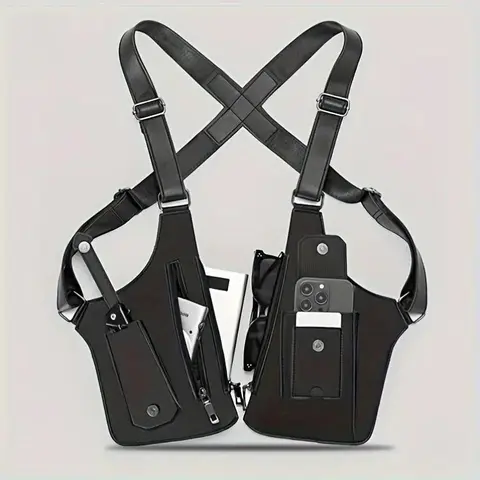Unisex Leather Vest-Style Single-Shoulder Black Chest Pack - Lightweight Pockets Versatile Outdoor Sports Gear Underarm Phone Holster, Chest Pouch, Birthday Gifts for Him