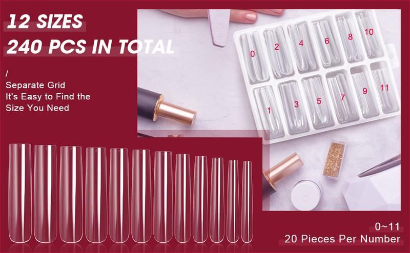 Extra Long Square Full Cover Nail Tips 240PCS XXXL Clear Full Cover Fake Nails False Nails 12 Sizes Tapered Square Press on Fake Nail Tips for Acrylic Nails Salons Home DIY with Box