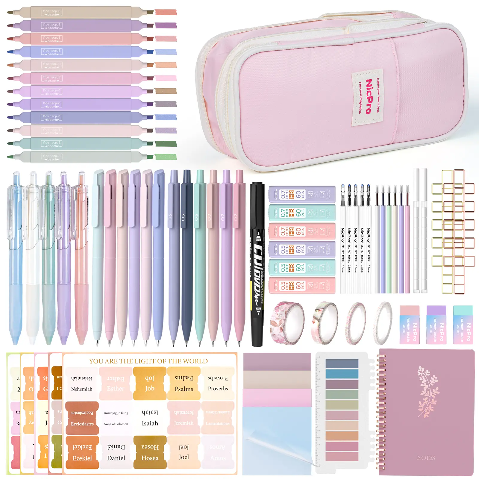 Nicpro 76PCS Durable Bible Study Stationary Set - Polyester Large Pencil Pouch, Mechanical Pencil Set, 360 Lead Refills, 18 Eraser Refills, 200 Transparent Sticky Index Tabs, 10 Bible Clips, Notebook, Highlighter, Office Annotation Essentials for Students
