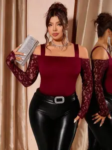 Plus Size Women's Valentine's Day Lace Patchwork Off-Shoulder T-Shirt