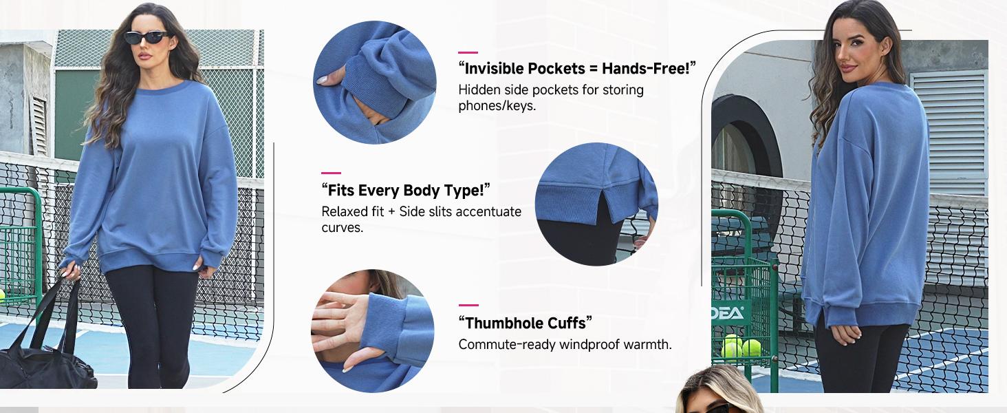 WIHOLL Women's Crewneck Thumbhole Sweatshirt with Dual Pockets - Flattering Oversized Fit for Effortless Fall Style