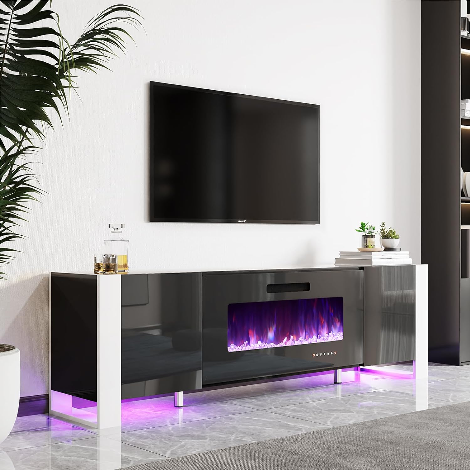 【Ships in 2 Boxes】AMERLIFE Fireplace TV Stand with Fireplace, Modern High Gloss Entertainment Center LED Lights, U-Shaped Legs TV Console Cabinet,Best Gift Ideas/Christmas Gifts