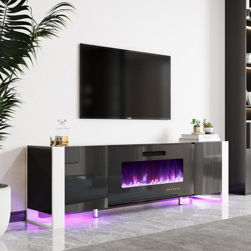 【Ships in 2 Boxes】AMERLIFE Fireplace TV Stand with Fireplace, Modern High Gloss Entertainment Center LED Lights, U-Shaped Legs TV Console Cabinet,Best Gift Ideas/Christmas Gifts