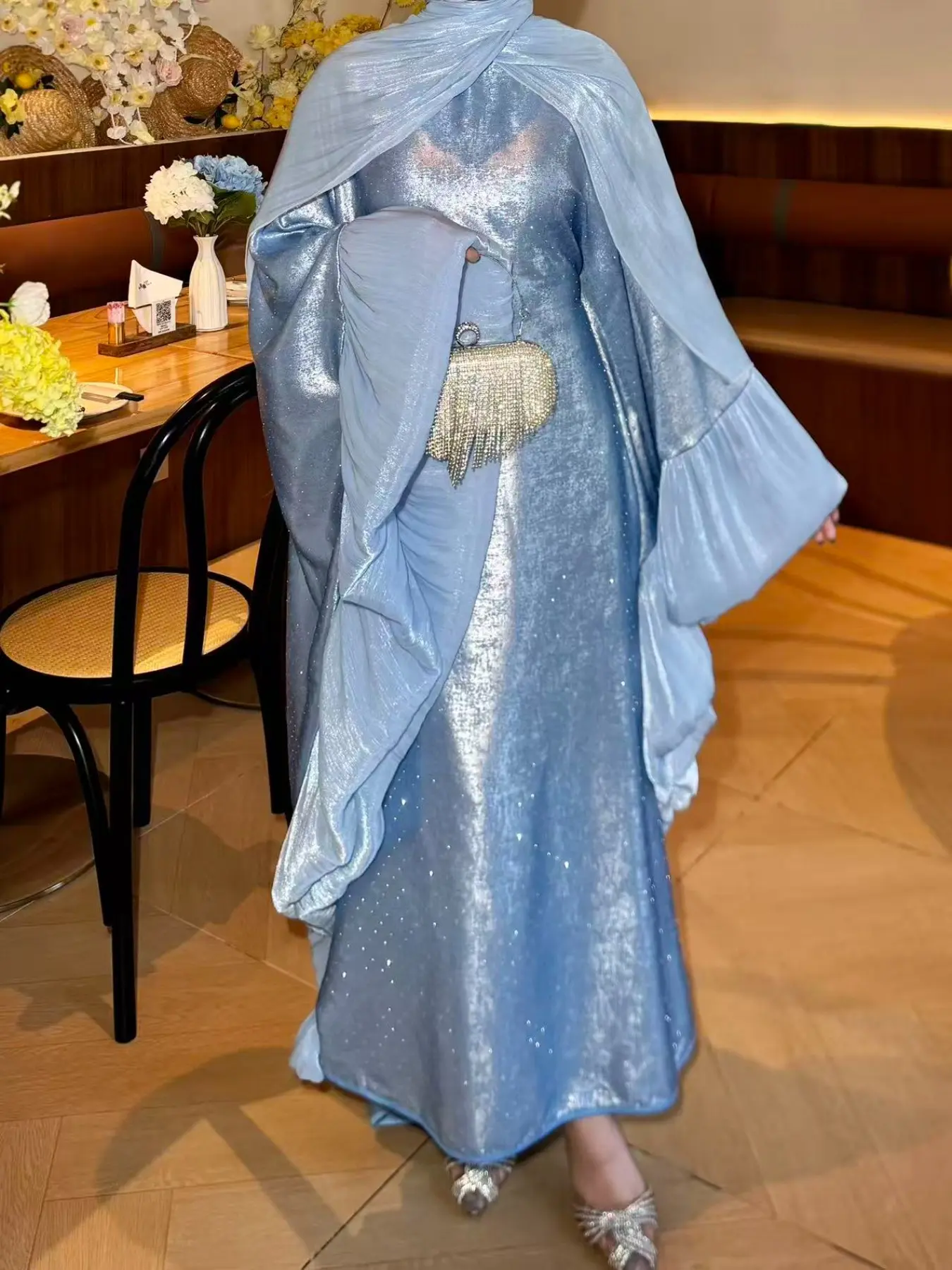 Middle Eastern Luxury Batwing Sleeve Modesty Abaya, Rhinestone Embellished Kaftan Dress, Arabic Fashion Party Gown, Women's Modest Long Dress, Abayas For Eid, Muslim Clothing, Elegant Islamic Clothing, Modest Muslim Outfits