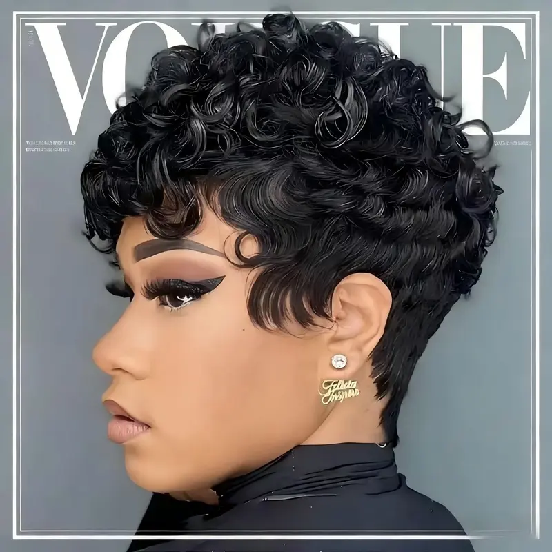 6-Inch Fluffy Loose Curly Elf Wig | Women’s Black High Density Fully Machine Made Without Glue