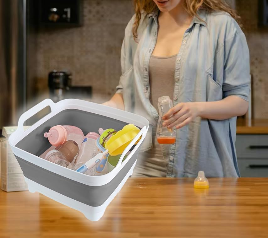 Collapsible Wash Basin for Bottles - 2.4 Gallons Portable Wash Bin for RV Camping Sink, Space-Saving Dish Tub (Gray)