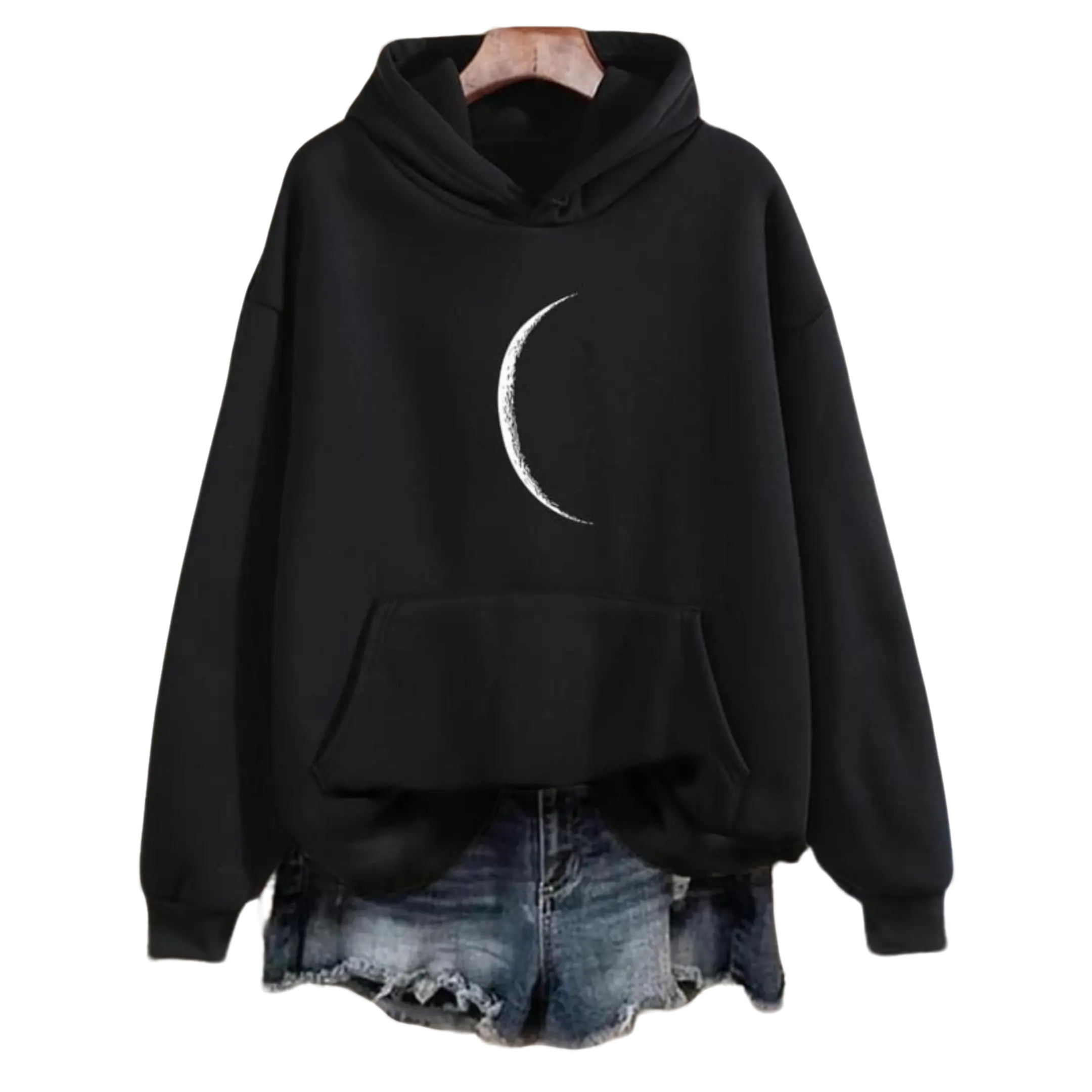 Women's Moon Print Drop Shoulder Drawstring Hoodie, Casual Long Sleeve Kangaroo Pocket Hooded Sweatshirt for Fall & Winter, Women's Clothes for Daily Wear
