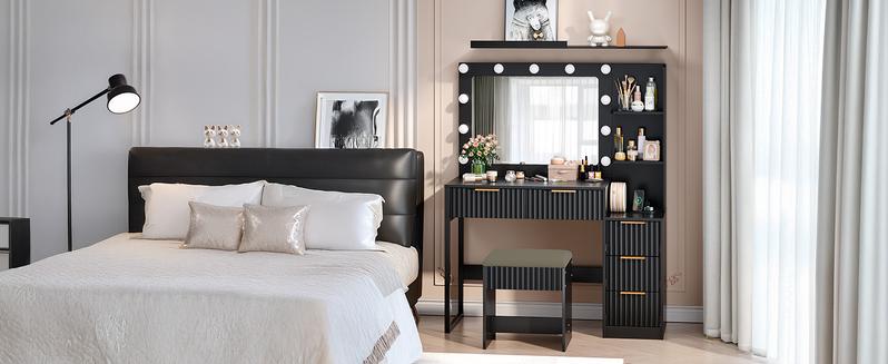 VINGLI Fluted Makeup Vanity Desk with Mirror & Lights & Power Outlet, Small Vanity Table w/ 5 Drawers & 2 Storage Shelves, Modern Dressing Table Set Charging Station for Bedroom