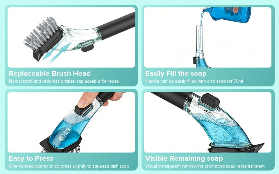 Soap Dispensing Dish Brush with Replaceable Head – Non-Scratch Nylon Bristles, Built-in Scraper & Soap Reservoir (70ml), Ergonomic Grip for Non-Stick Pans, Includes Non-Skid Holder