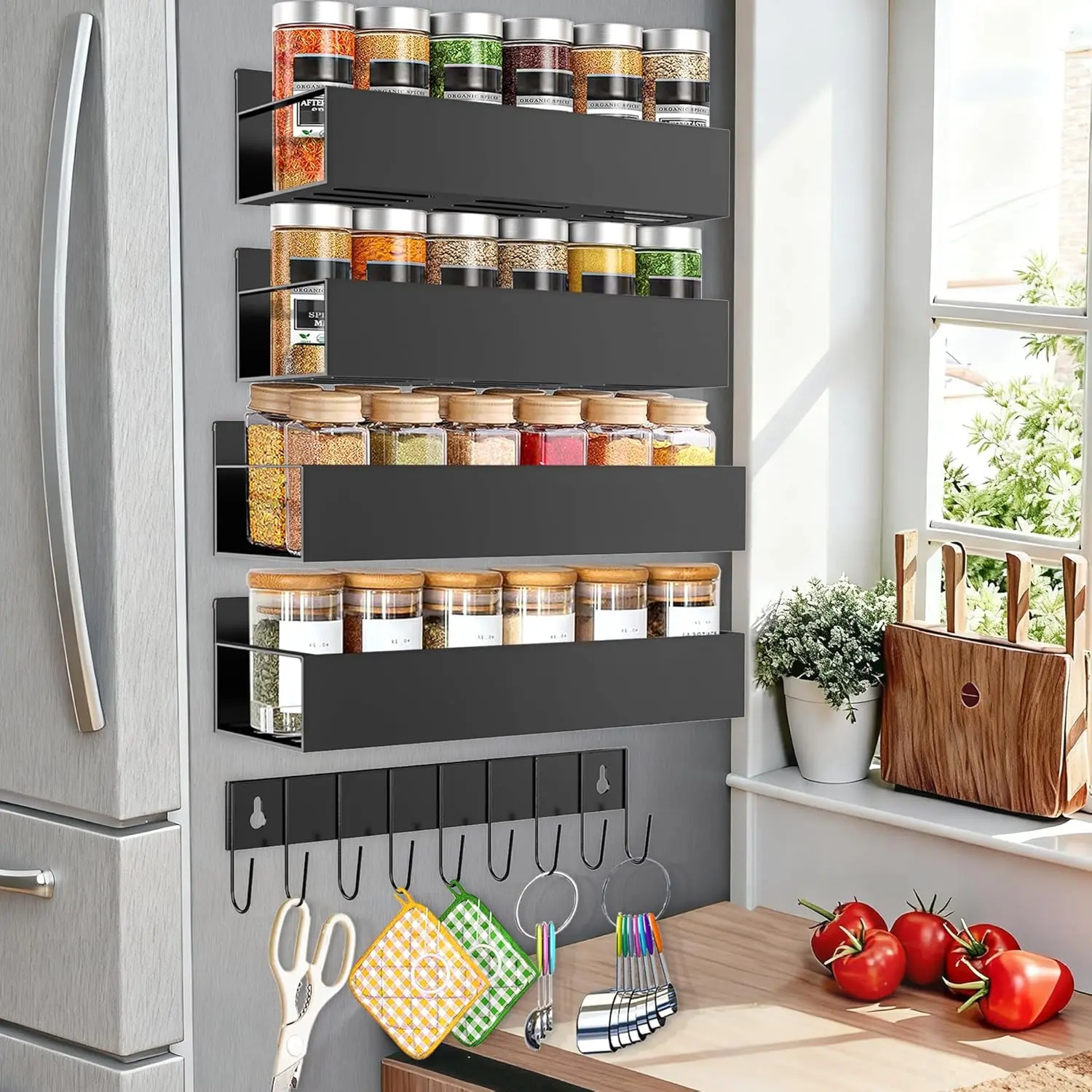 Summer Survivals,Magnetic dish rack for refrigerators, kitchen storage rack and storage shelves, black (4 pieces), kitchen spice rack, storage shelf, kitchenware Bakeware Cooking Utensil Holder