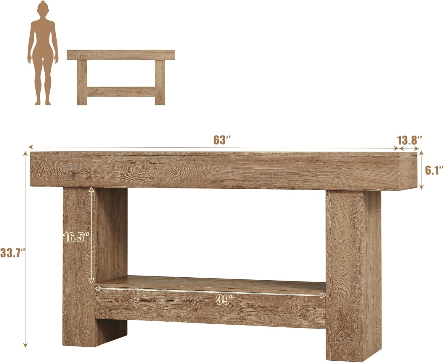 63 Inches Long Console Table, Sofa Table with Storage Behind Couch, Entryway Table with Open Storage, Farmhouse Console Tables for Entryway, Living Room, Hallway, Oak Color