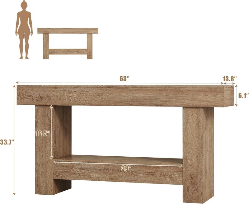 63 Inches Long Console Table, Sofa Table with Storage Behind Couch, Entryway Table with Open Storage, Farmhouse Console Tables for Entryway, Living Room, Hallway, Oak Color