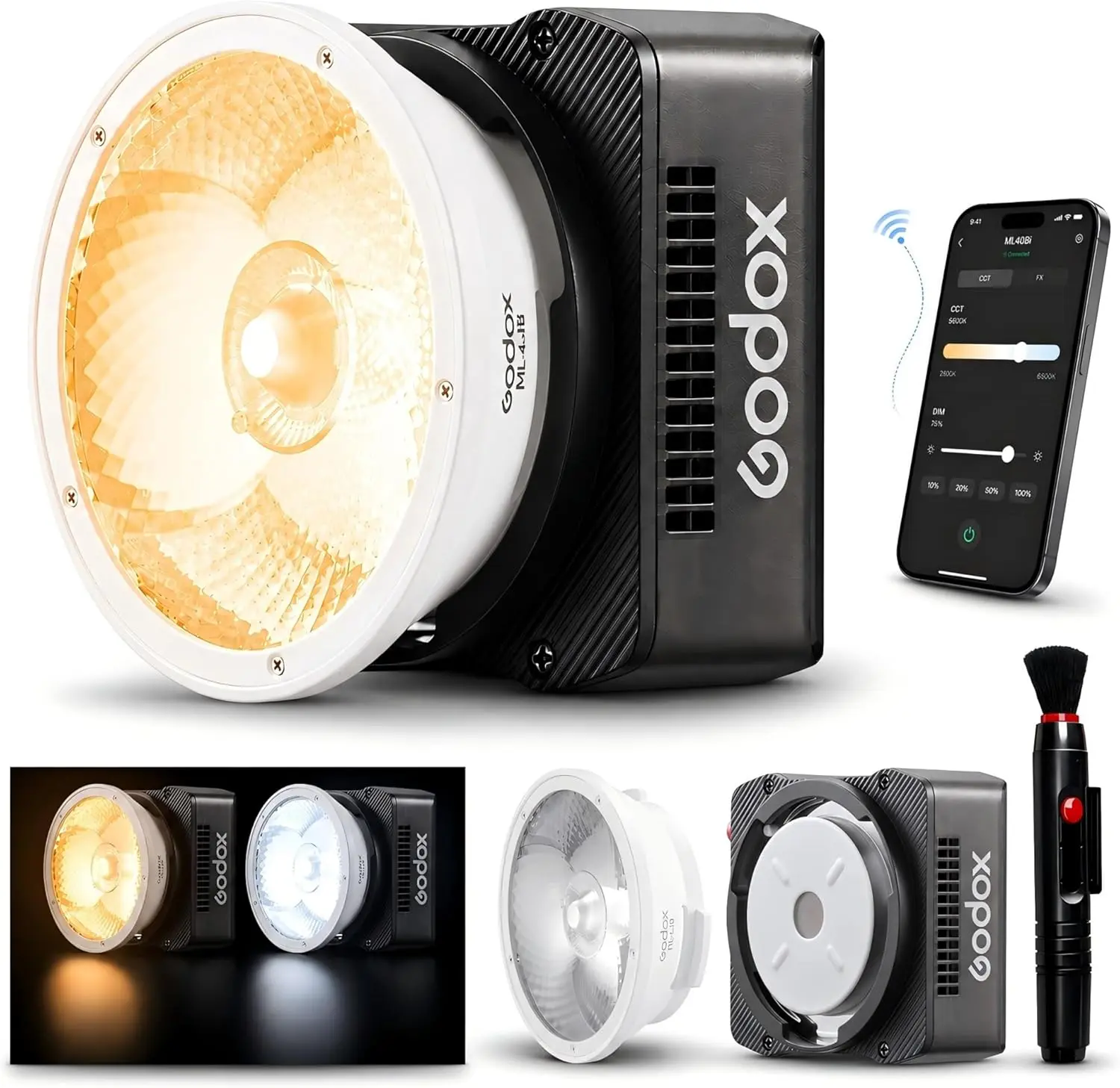 Godox ML40Bi Bi-Color LED Video Light, Portable COB Photography Light with Built-in Battery, 2800K-6500K, 28,000 Lux with ML-L10 Reflector, CRI/TLCI 96, 11 FX Effects, USB-C Charging, App/NFC Control