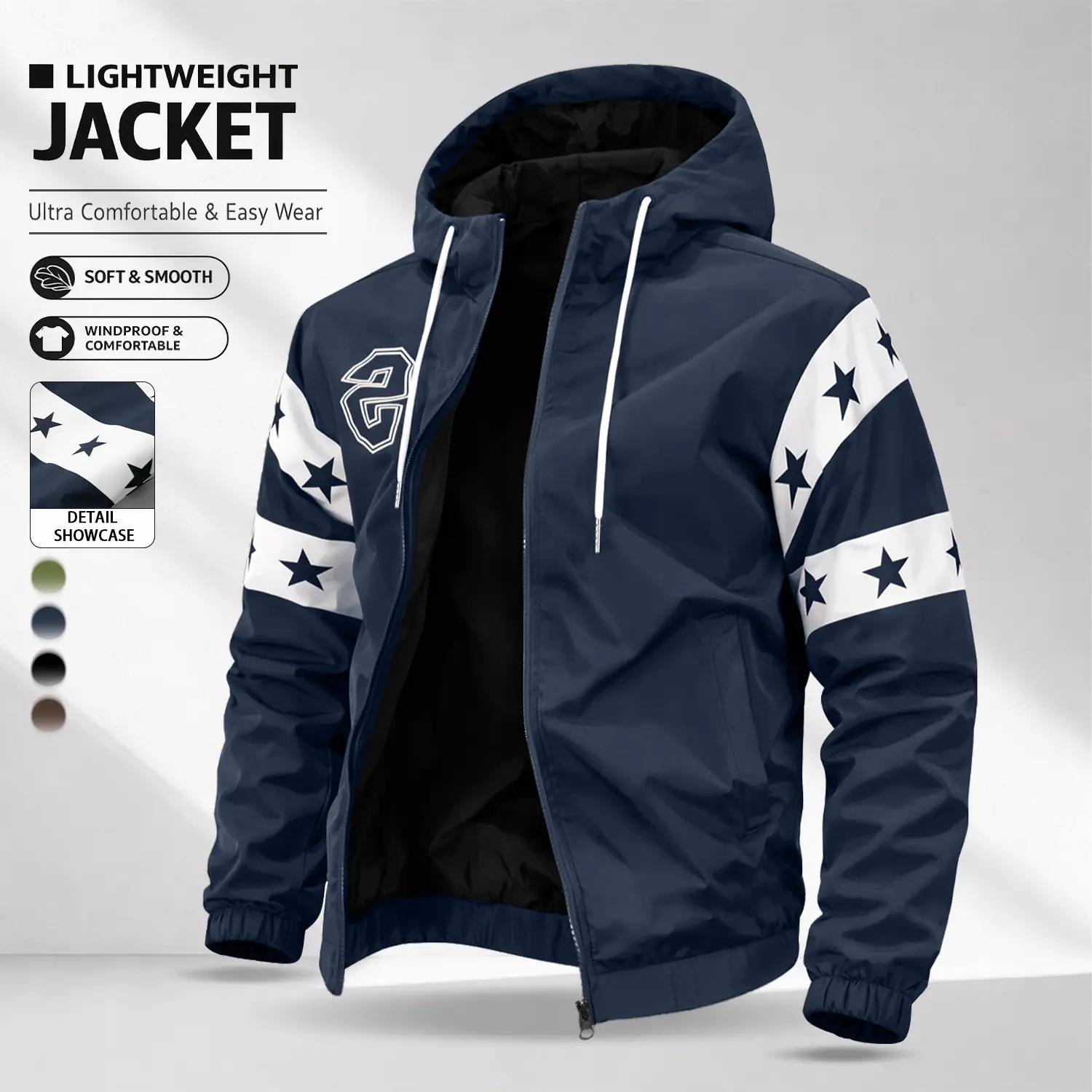 Fashionable casual men’s color-block jacket with an adjustable hood, abrasion-resistant windproof design, street style, suitable for outings, commuting, and dates; a wardrobe essential for everyday wear, ideal for spring and summer outfits.