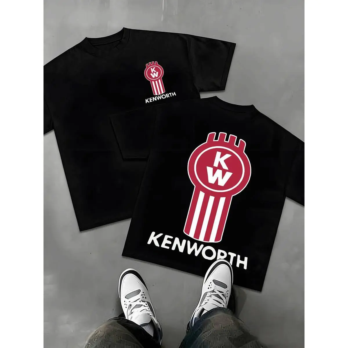 180gFeatures A Classic Kenworth Logo With The Iconic KW Emblem Inside A Rounded Badge Atop Vertical Stripes For A Timeless Truck Appeal Tshirt
