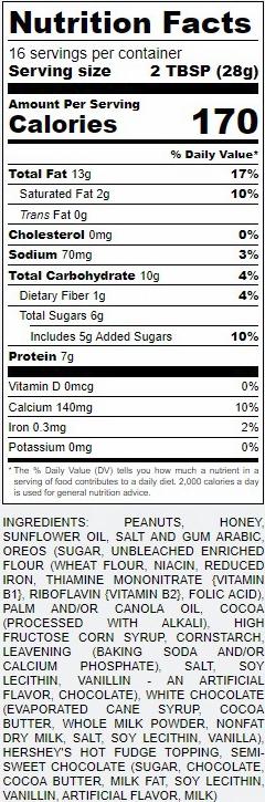 Cookies-N-Cream Gourmet Peanut Butter Treat - 16oz & 8oz - White Chocolate Peanut Butter - Layered with Marshmallow Cream & Topped with Crushed Chocolate Sandwich Cookies & White Chocolate Chips!