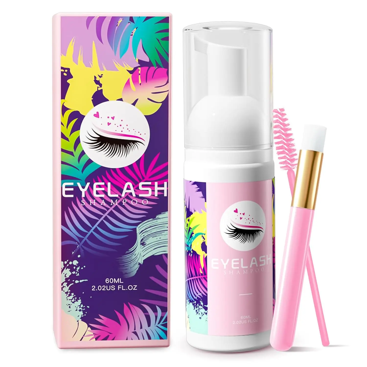 Lash Shampoo Eyelash Shampoo for Lash Extensions, 2.02 Fl Oz/60mL | Lash Shampoo Kit with Lash Wash Brush, Gentle Eyelash Cleaning Kit Extension Cleanser for Salon Pro & Home Daily Eyelash Care